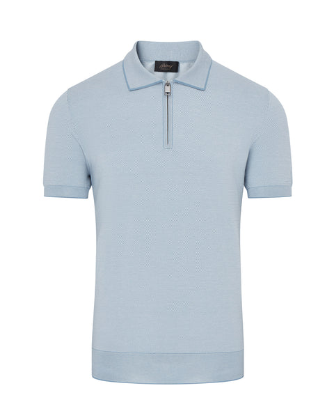 Silk & Cotton Short Sleeve Knitted Zip Polo (white/sky Blue)