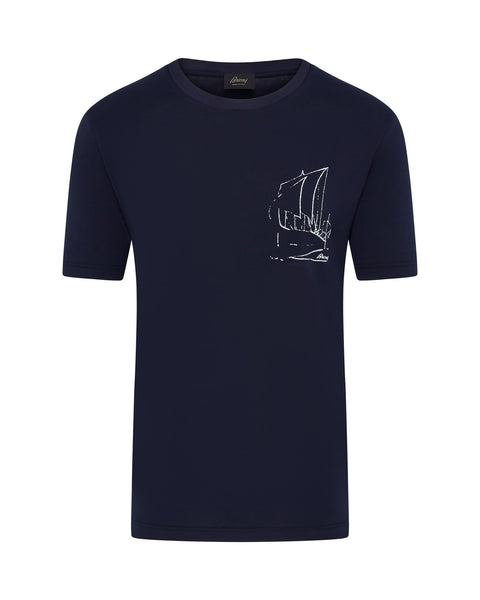 Roman Boat Print Cotton Stretch T-shirt (navy/white)