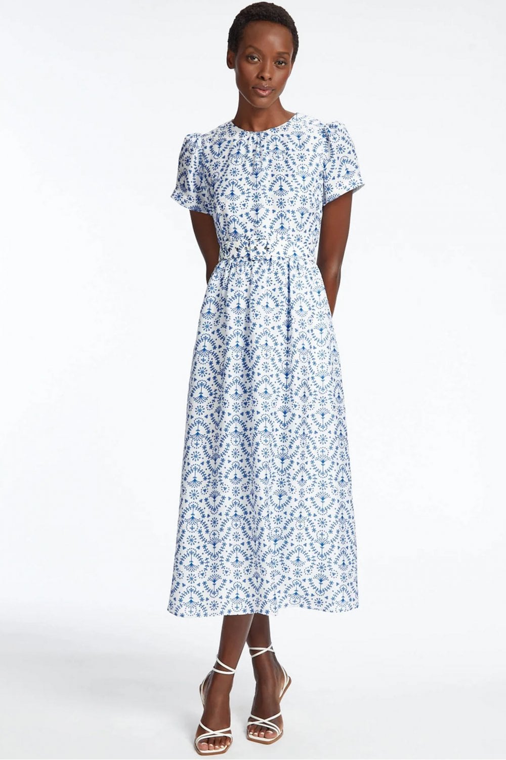 Nina Dress In White and Blue Broderie Anglaise Print