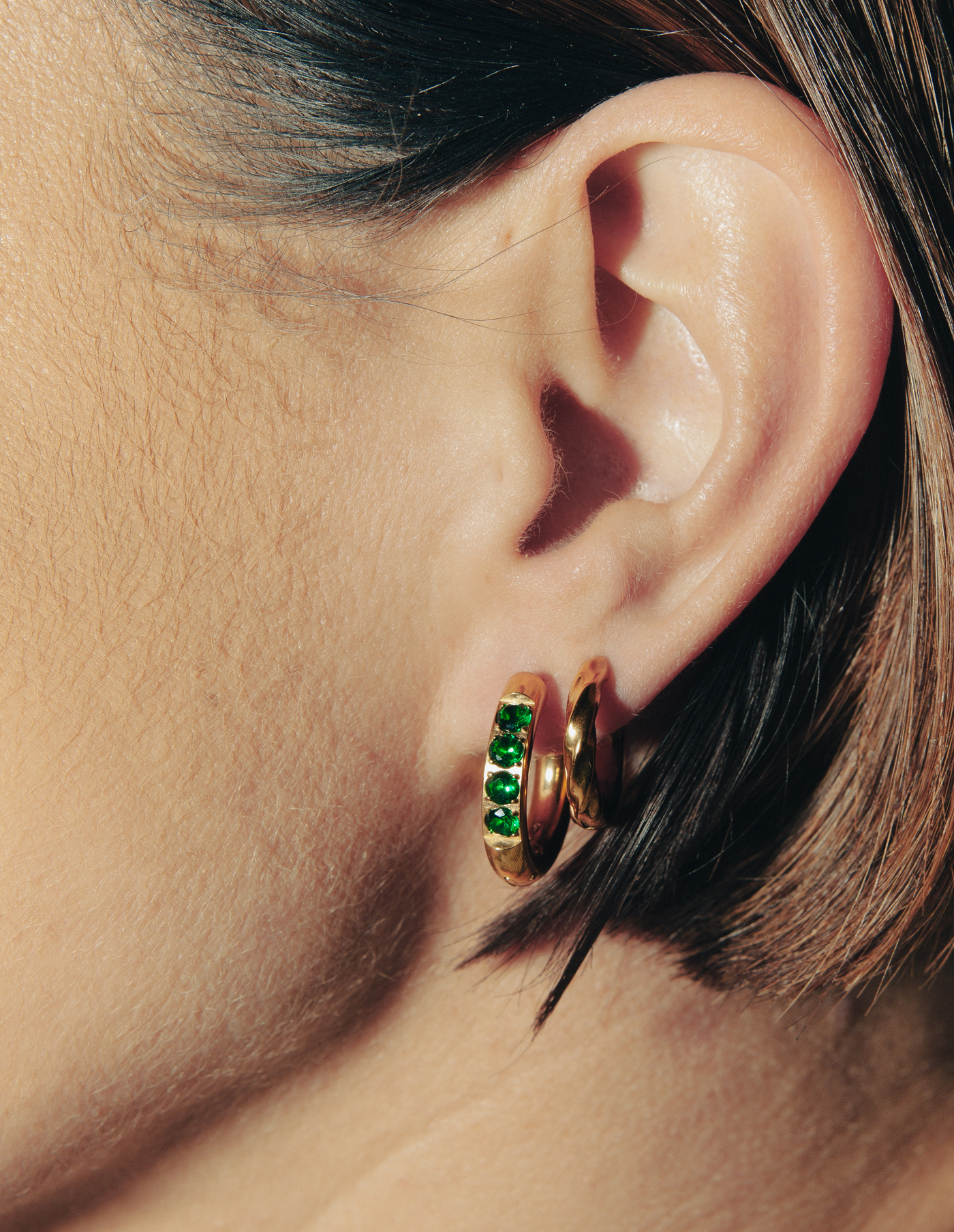 Gold & Green Gemstone Leverback Hoop Earrings Waterproof