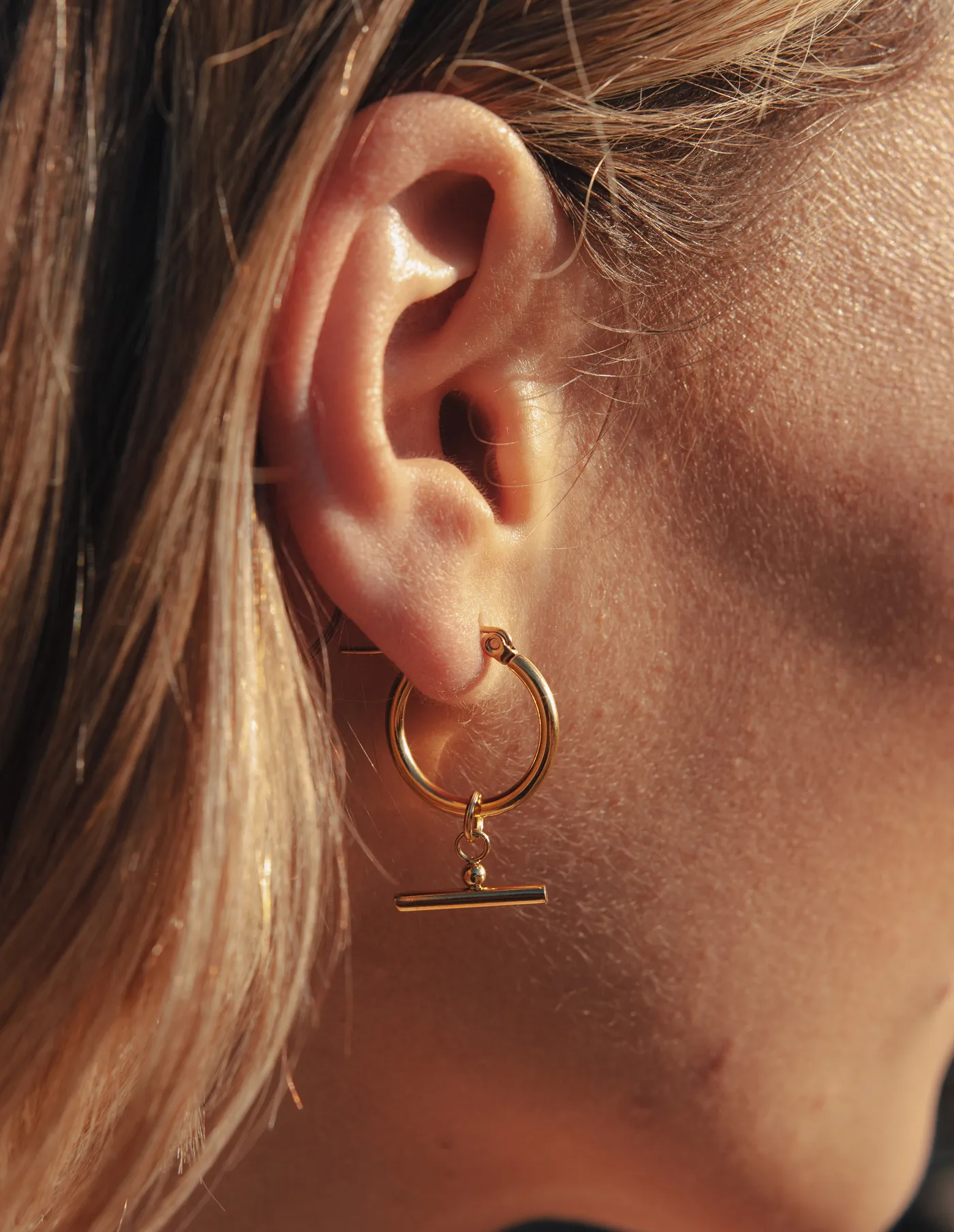 Gold T-Bar Hoop Earrings Waterproof