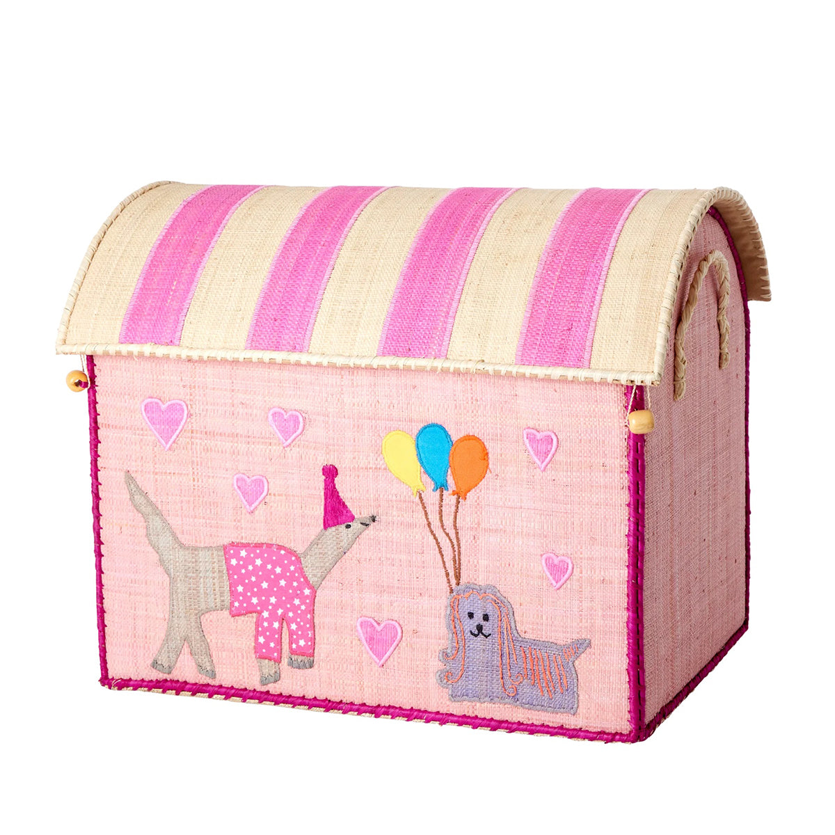 rice Raffia Toy Storage Basket: Pink Party Animal Theme - Medium