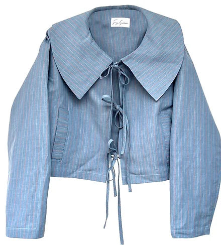 Freya Simonne Cropped Jarina Jacket In Blue Linen Pinstripe By