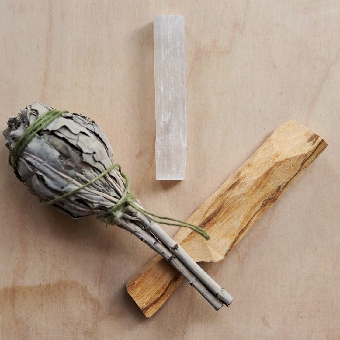 Hi Cacti Selenite Stick Crystal with Holistic Combo of White Sage and Palo Santo