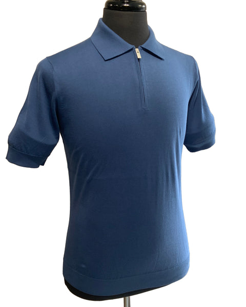 FILIPPO DE LAURENTIIS Blue Zip Neck Knitted Cotton Polo Shirt