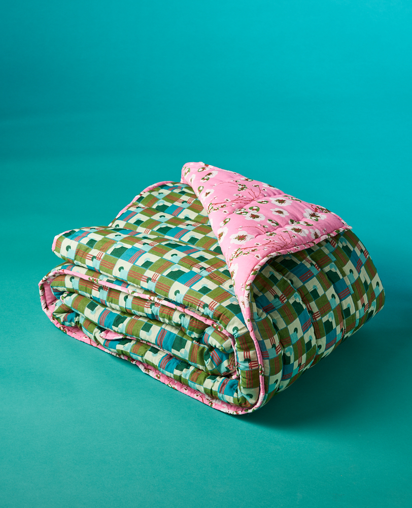 Les Touristes Quilted Cotton Reversible Bedspead, Aberdeen Emerald/Blossom Pink