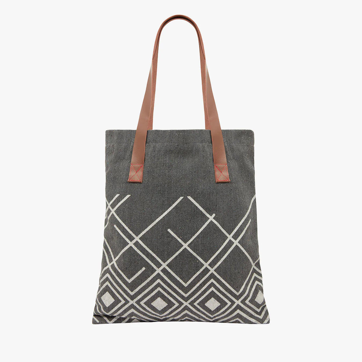 Yadawee Grey Block Printed Tote Bag With Leather Straps