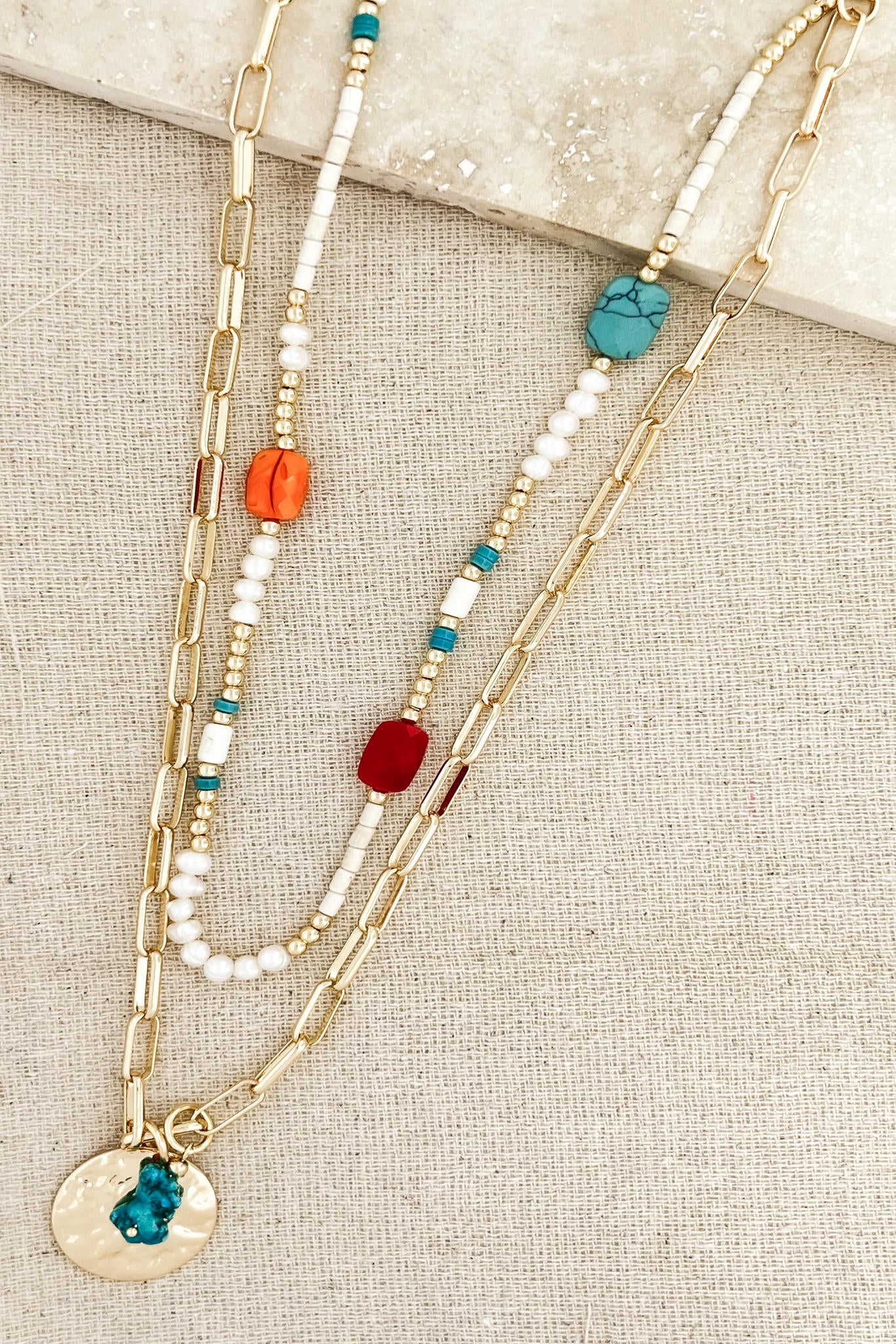 Envy Long Gold Double Layer Necklace with Turquoise Red and Yellow Glass Squares Detail