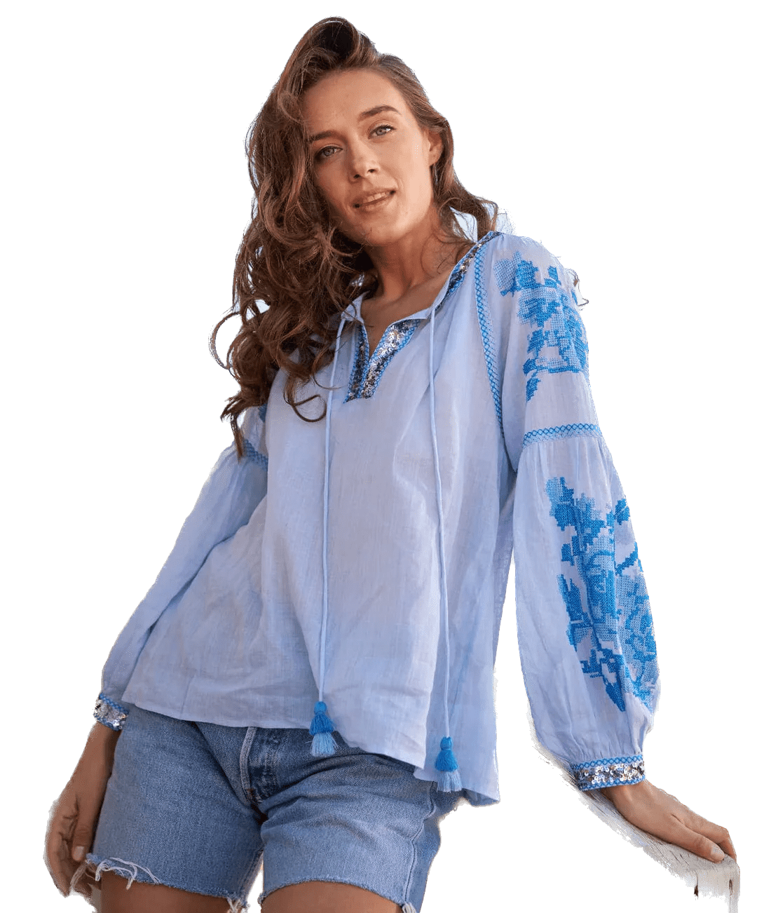 Rose and Rose Fontaine Blue Sequin Trimmed Top