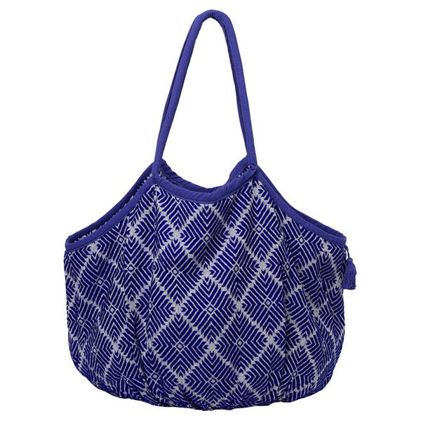 Somerville Large Woven Cotton Beach Bag With Tassel & Tie - Blue