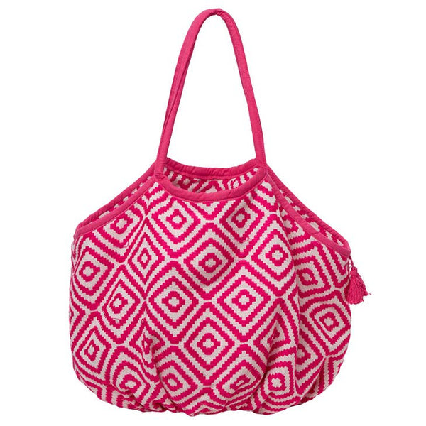 Somerville Large Woven Cotton Beach Bag With Tassel & Tie - Pink