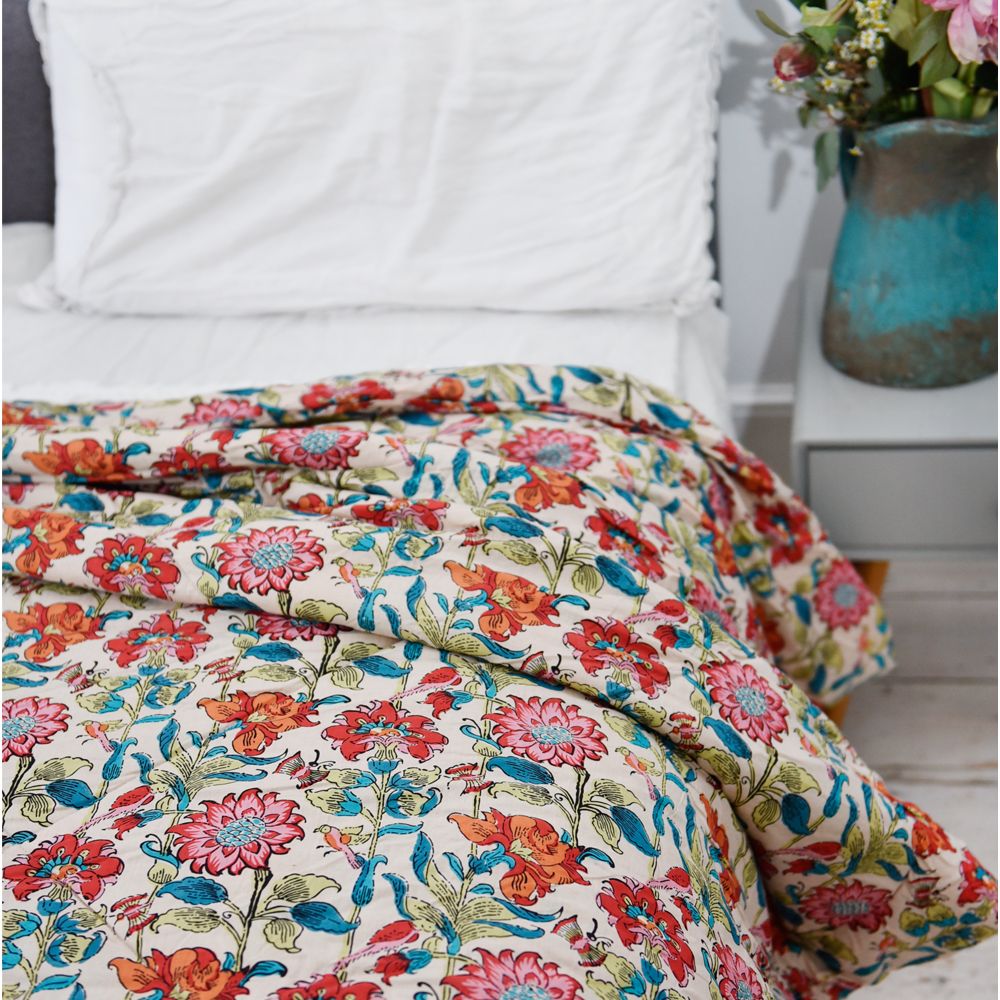 Powell Craft Floral Garden Print Cotton Indian Bed Quilt