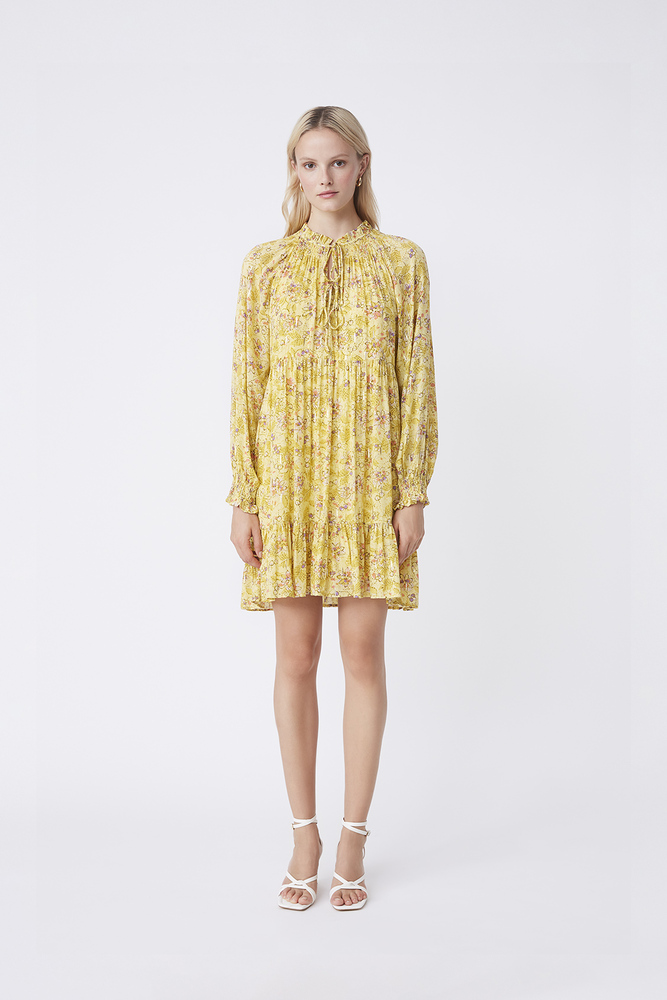 SuncooParis Yellow Carole Flowing Dress with Floral Print