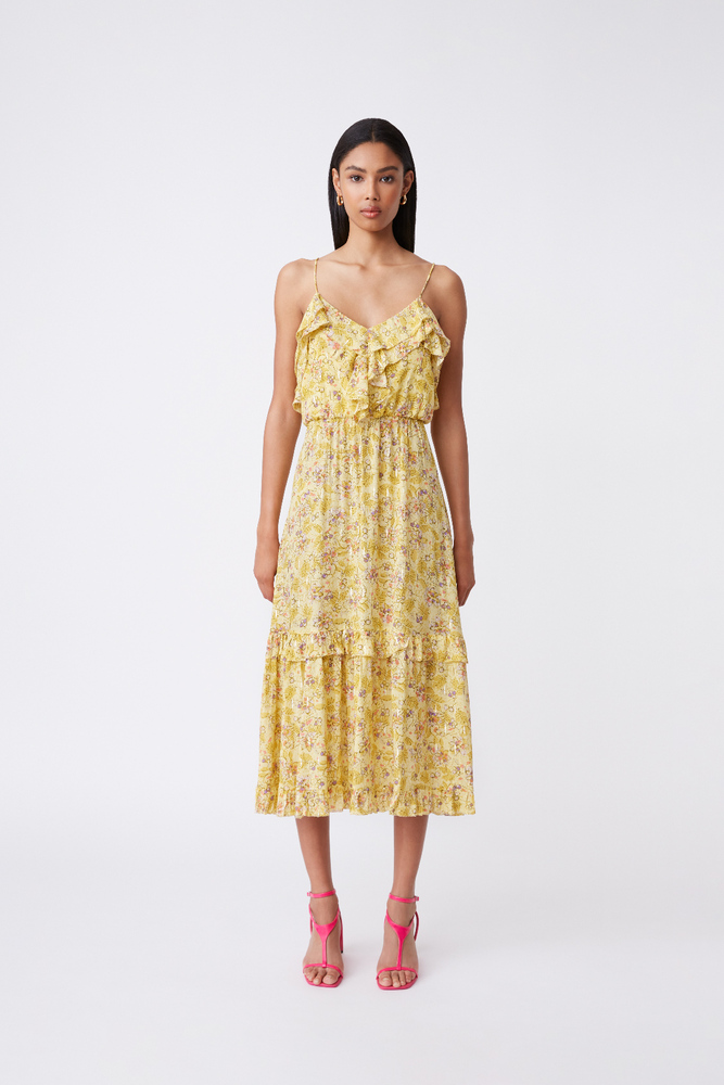 SuncooParis Long Yellow Carine Floral Printed Dress with Straps