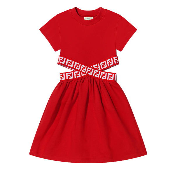 fendi Red FF Tape Logo Cut Dress for Girls