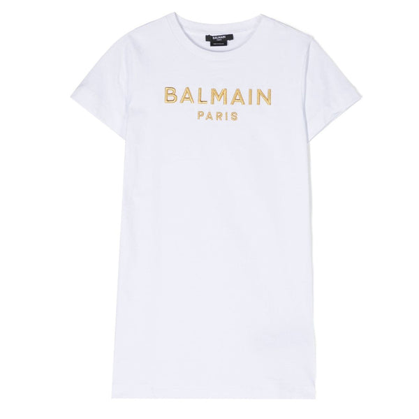 Balmain Kids White Girls Embroidered Gold Logo Dress
