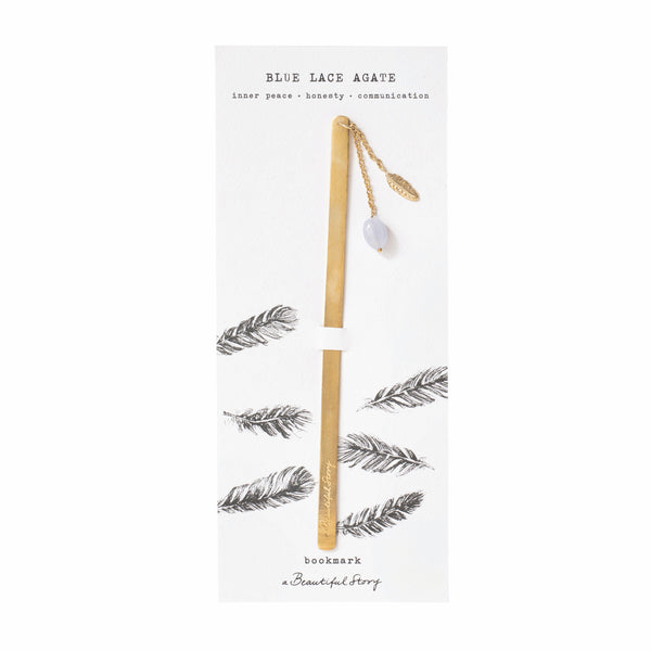 A Beautiful Story Gilded Brass Bookmark with Blue Lace Agate and Feather Symbol