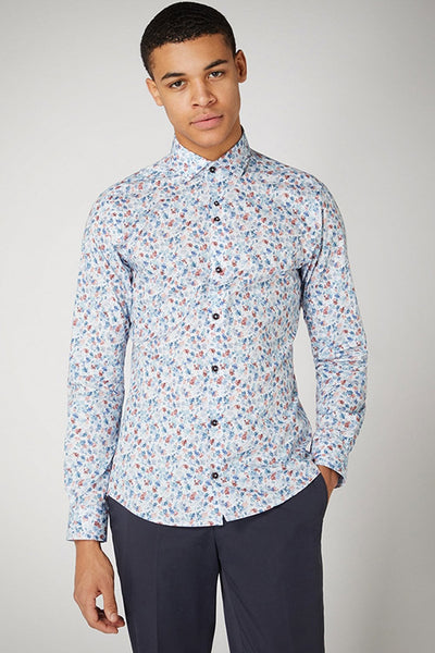 Remus Uomo Blue and Red Flower Design Long Sleeve Shirt