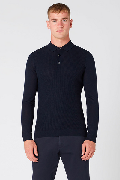 Remus Uomo Navy Merino Wool Blend Long Sleeve Knitted Polo Shirt