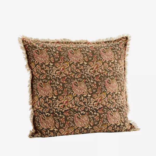 Madam Stoltz Printed Cushion Cover with Fringes - Moss, Sand, Olive, Red & Grey