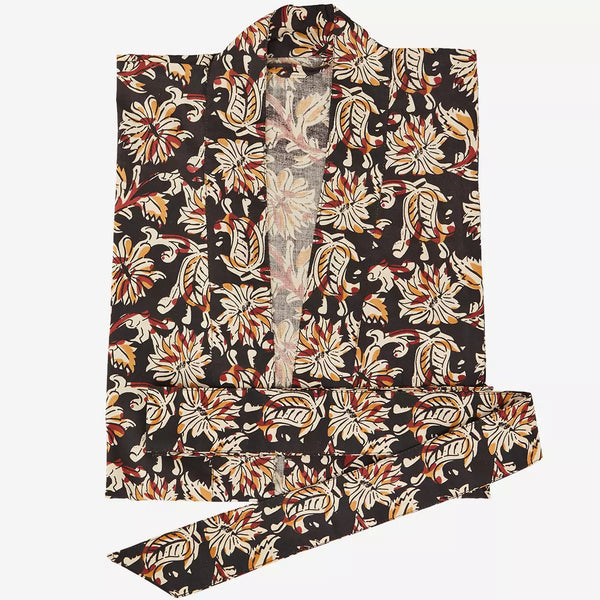 Madam Stoltz Black, Off White, Red & Mustard Printed Cotton Kimono with Belt