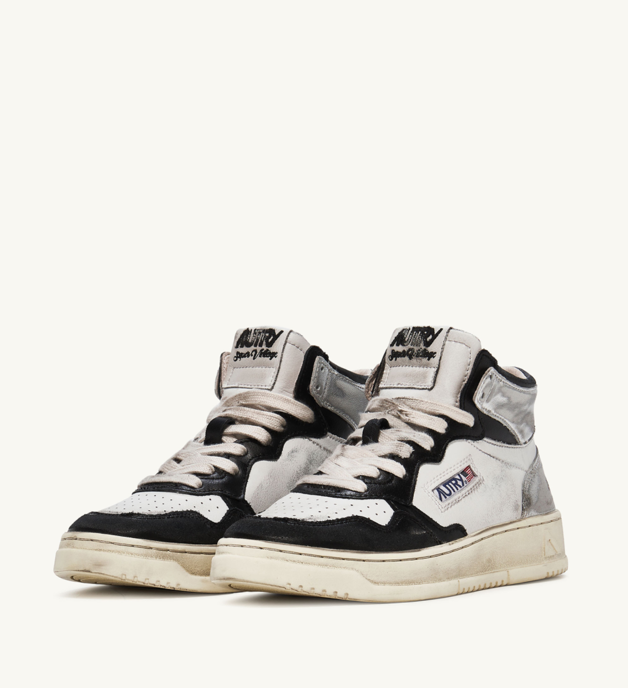 Autry SUPER VINTAGE MID SNEAKERS IN LEATHER COLOR WHITE BLACK AND SILVER
