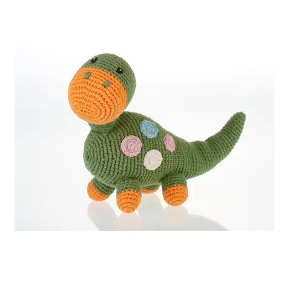 Pebblechild Crochet Toy Handmade Dinosaur Rattle - Dippi - Khaki