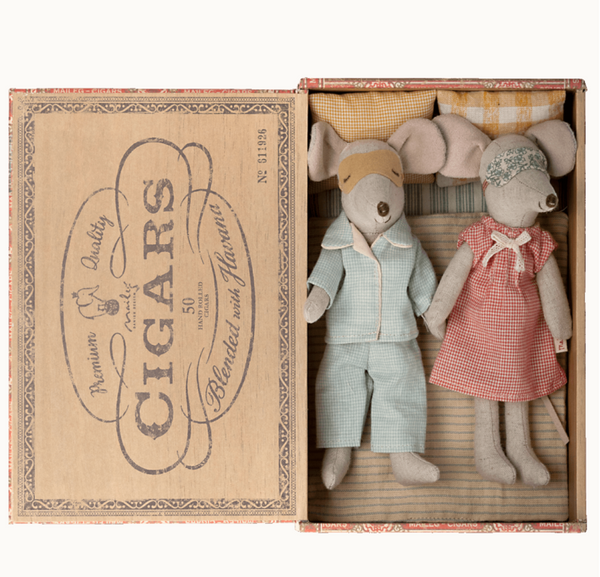 Maileg Mum and Dad Mice in Cigarbox Toy