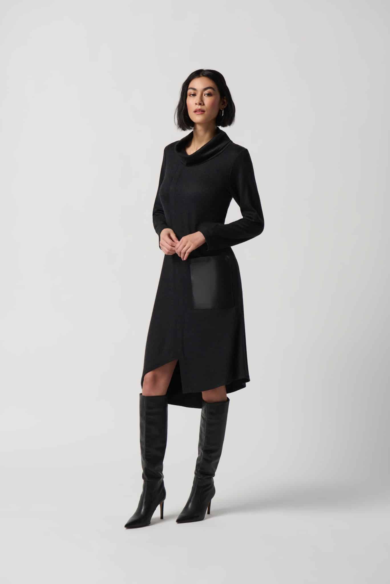 Joseph Ribkoff Sweater Knit Dress With Faux Leather Patched Pockets