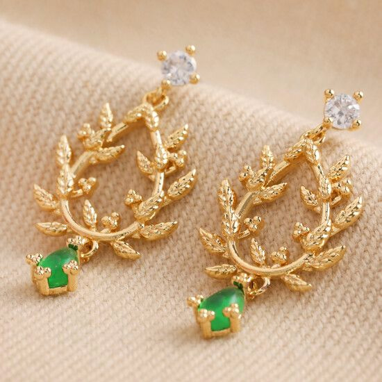 Lisa Angel  Gold Leaf Drop Earrings - Green