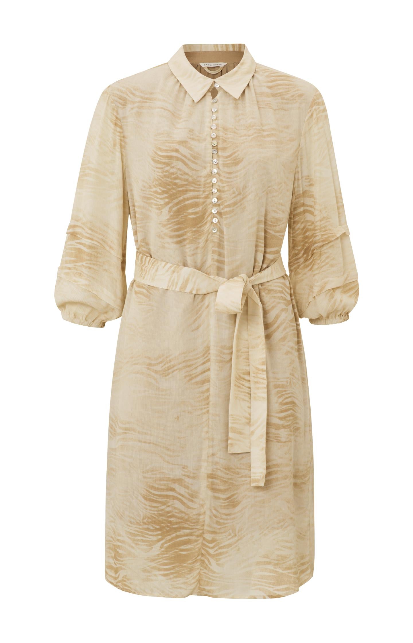 Yaya Summer Sand Dessin Dress with Long Balloon Sleeves and Buttons