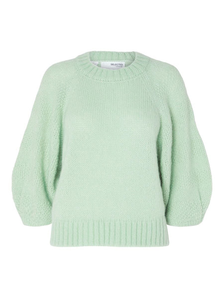 Selected Femme Slflouvilja Knit With Round Collar And 3/4 Sleeve In Sea Foam