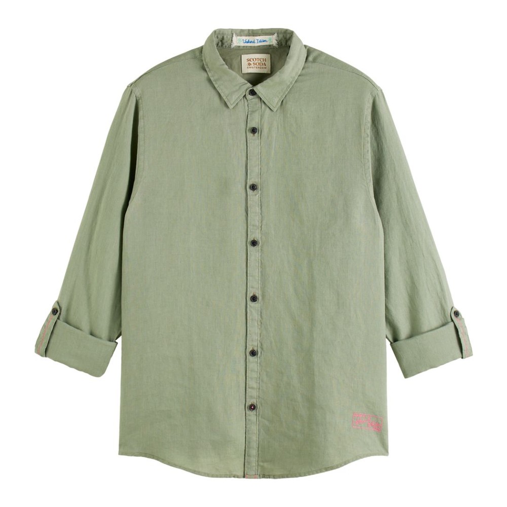 Scotch & Soda Army Green Linen Shirt with Roll Up