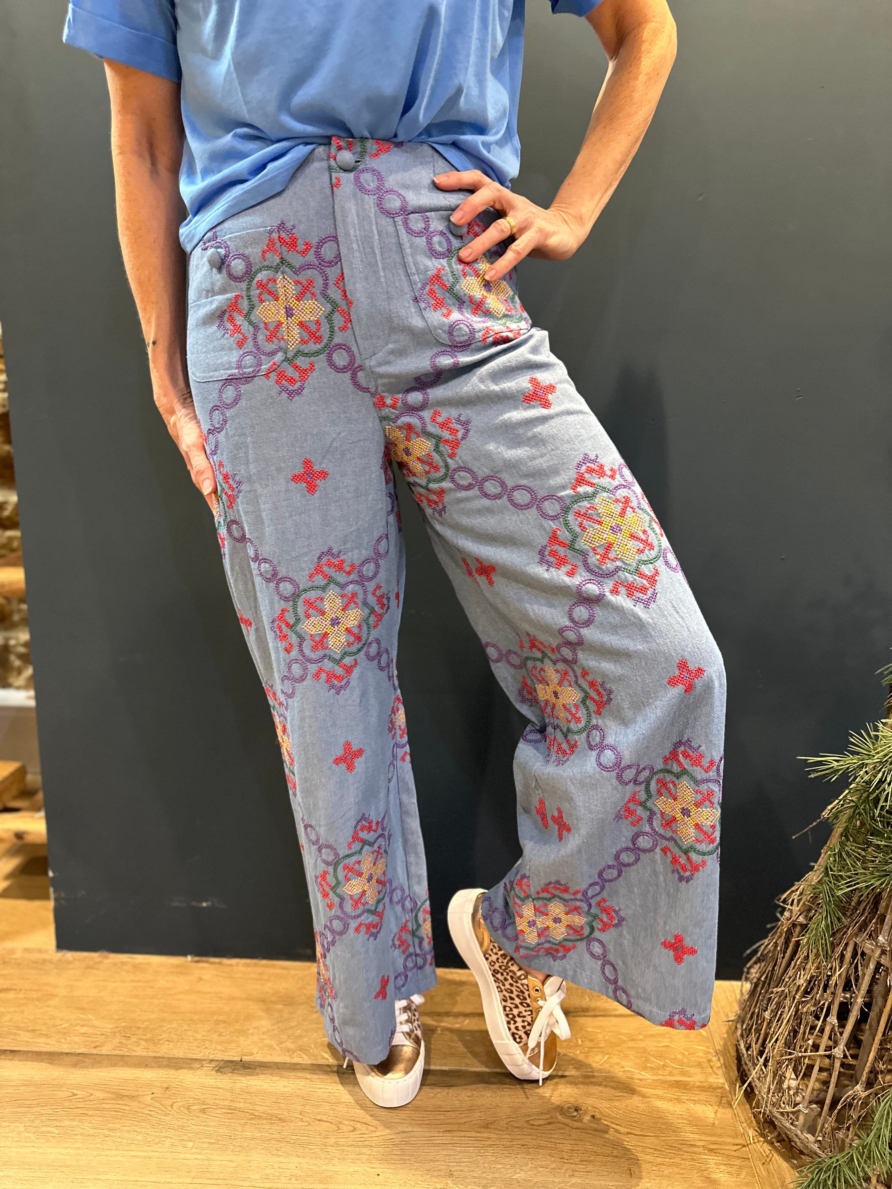 Not Shy Flares Embroidered Patch Pocket Trousers