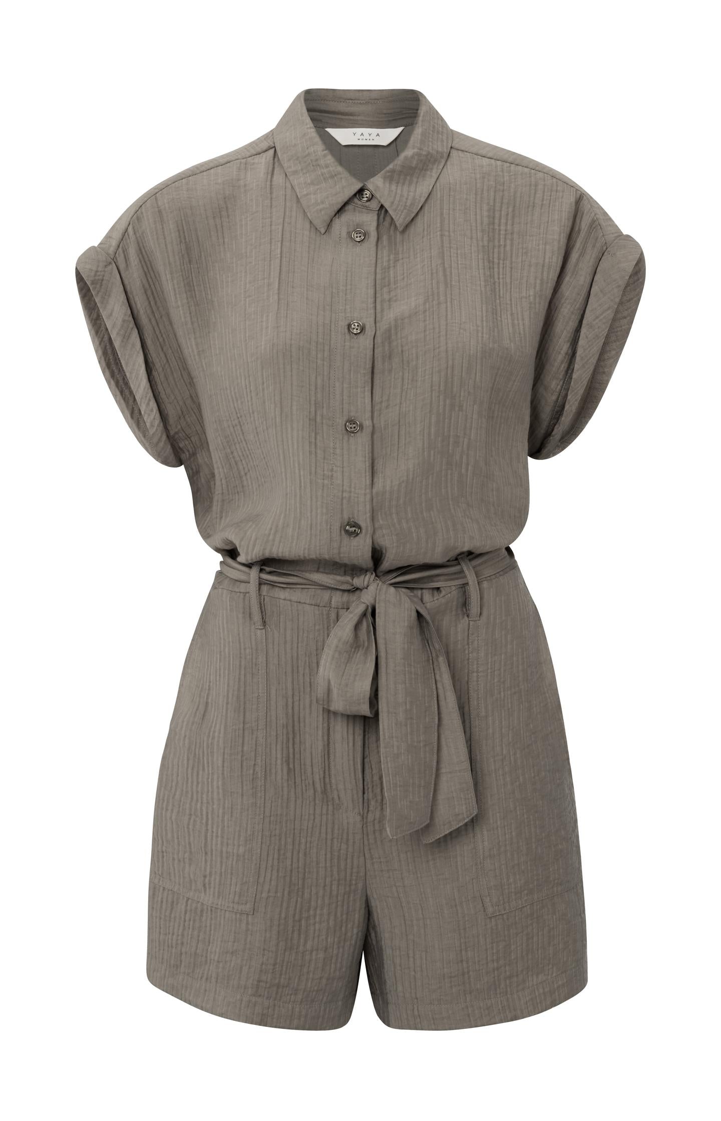 Yaya Falcon Brown Woven Playsuit with Short Sleeves