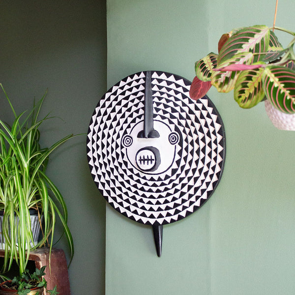Ghana Ghanaian Hand Carved Wooden Sun Mask 'black And White'