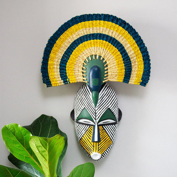 Ghana Ghanaian Hand Carved Mask With Woven Crown 'blue, Green & Yellow'