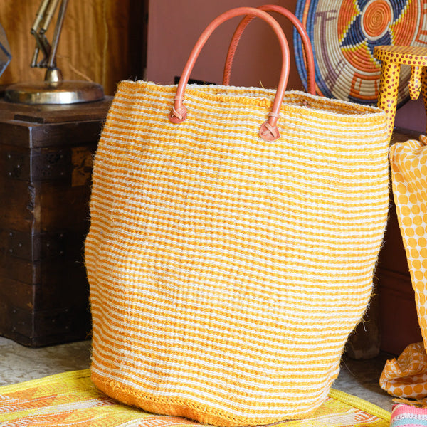 Kenya Kenyan Sisal Extra Large Basket With Handles 'tumeric Stripe'