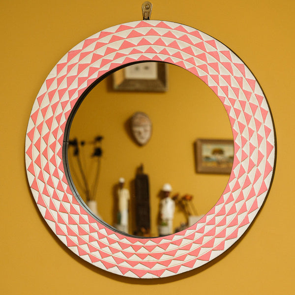 Ghana Large Pink and White Ghanaian Sun Round Mirror