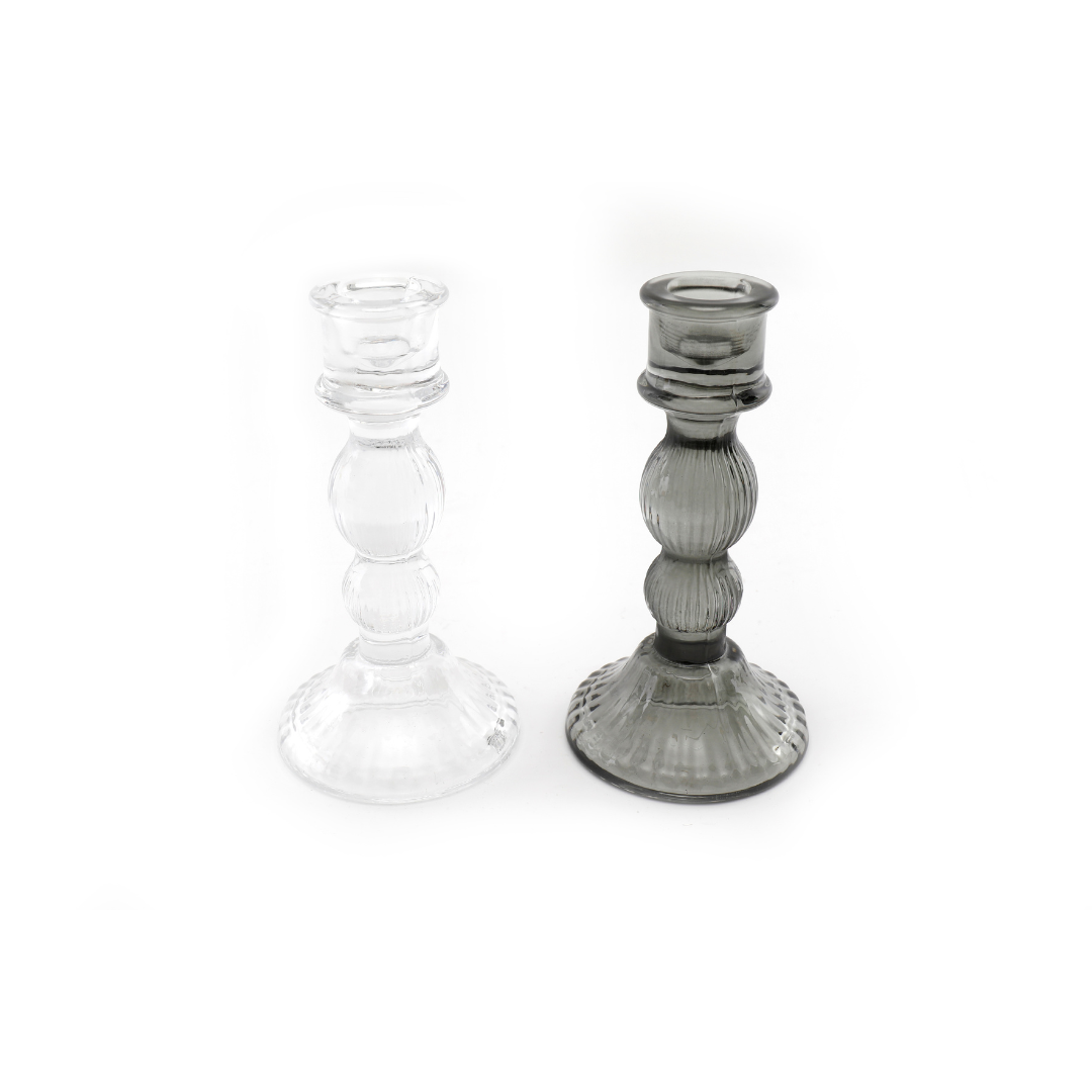 Temerity Jones Decorative Short Glass Taper Candlestick Holder : Clear or Grey