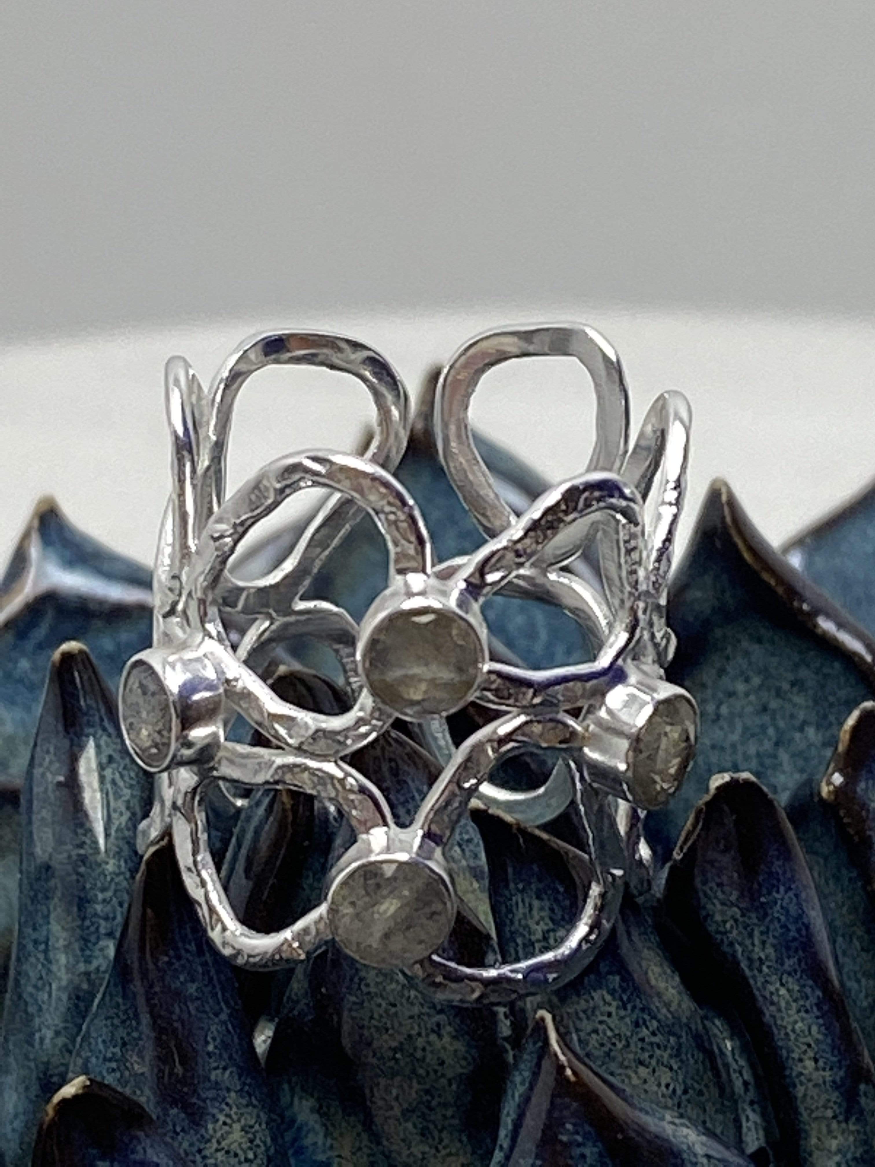 AZUNI LONDON Thalia Wide Silver Sculptural Ring In Labradorite Stones