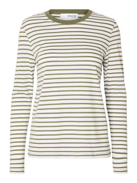 Selected Femme Striped T-shirt In Dusky Green