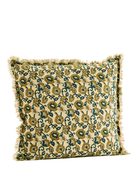 Madam Stoltz Sand Mustard and Teal Printed Cushion with Fringe