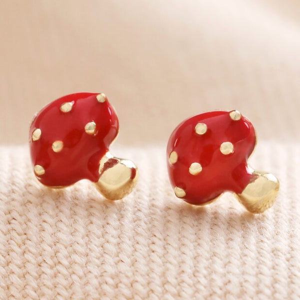 Lisa Angel | Red Enamel Mushroom Stud Earrings | Gold