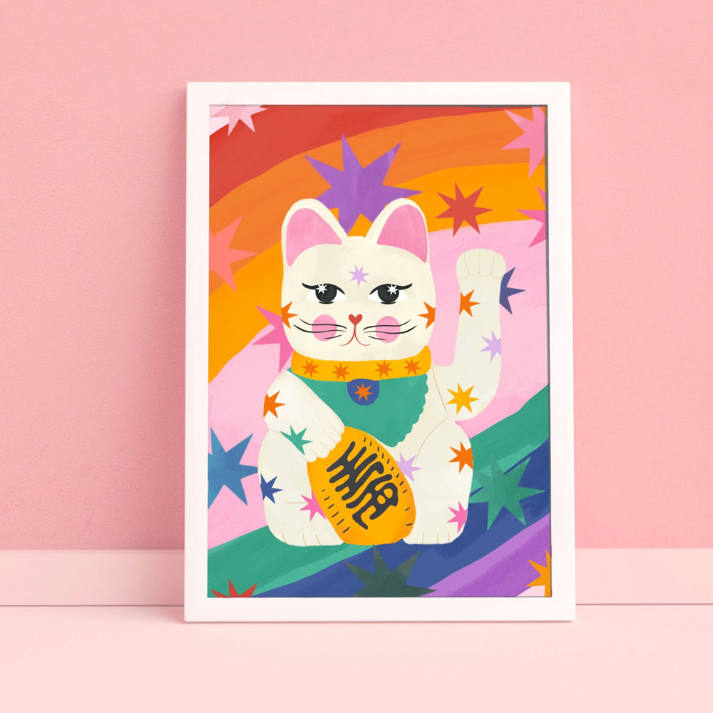 kate-fox-design-lucky-cat-rainbow-print-framed
