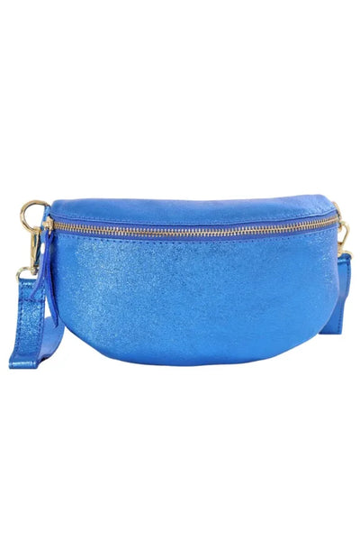 Miss Shorthair 6422MRB Metallic Royal Blue Italian Leather Half Moon Crossbody Bag
