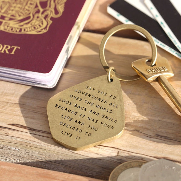 Bramley & White Antiqued Brass Say Yes To Adventure Keyring