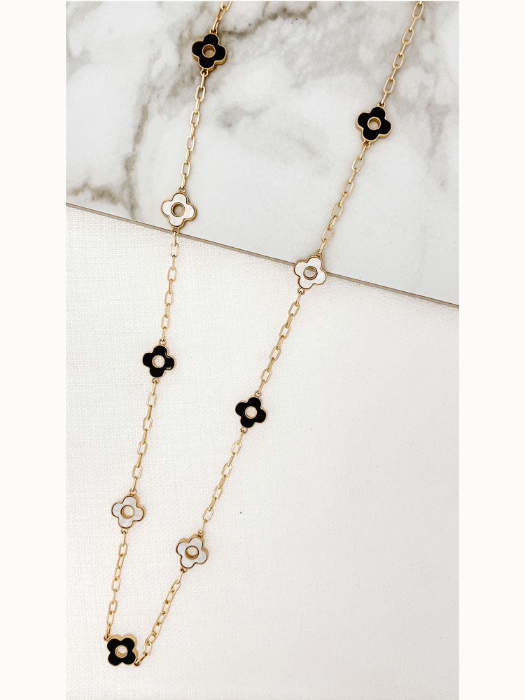Envy Long Gold Necklace With Black & White Clovers