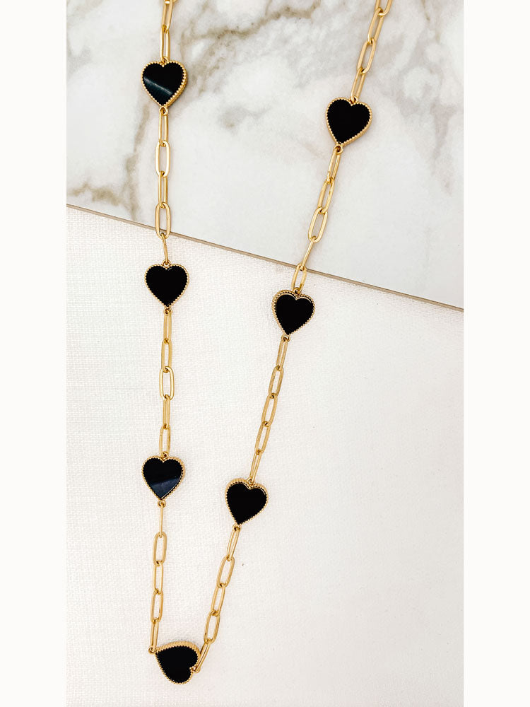 Envy Long Gold Necklace With Black Hearts