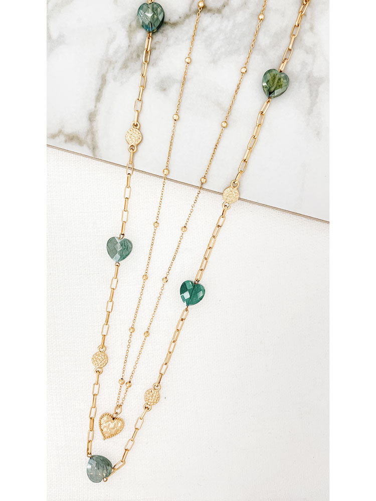 Envy Long Gold Double Layer Necklace with Green Glass Hearts